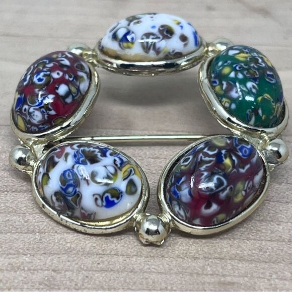 Vintage Millefiore Venetian Glass Brooch Murano Art Cabochons Gold tone - Picture 3 of 10